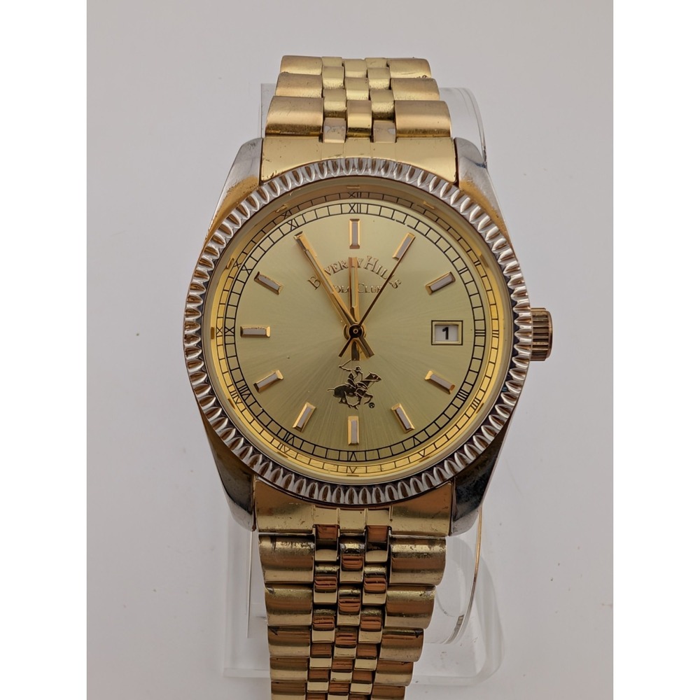 Beverly Hills Polo Club Watch Men‎ 35mm Case Gold 8" Band- New Battery